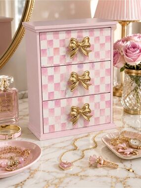 Hand Crafted Rosy Check & Gold Bow Wood Drawer Organizer 11”